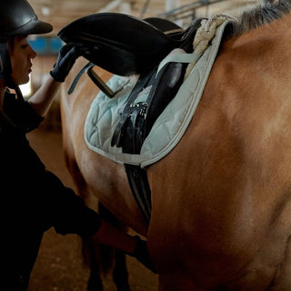 A woman setting up a saddle on a horse