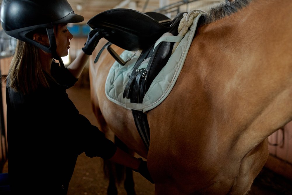 A woman setting up a saddle on a horse